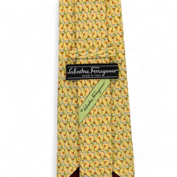 Salvatore Ferragamo Silk Neck Tie Yellow Cocktail Print Geometric Made Italy - Picture 3 of 9